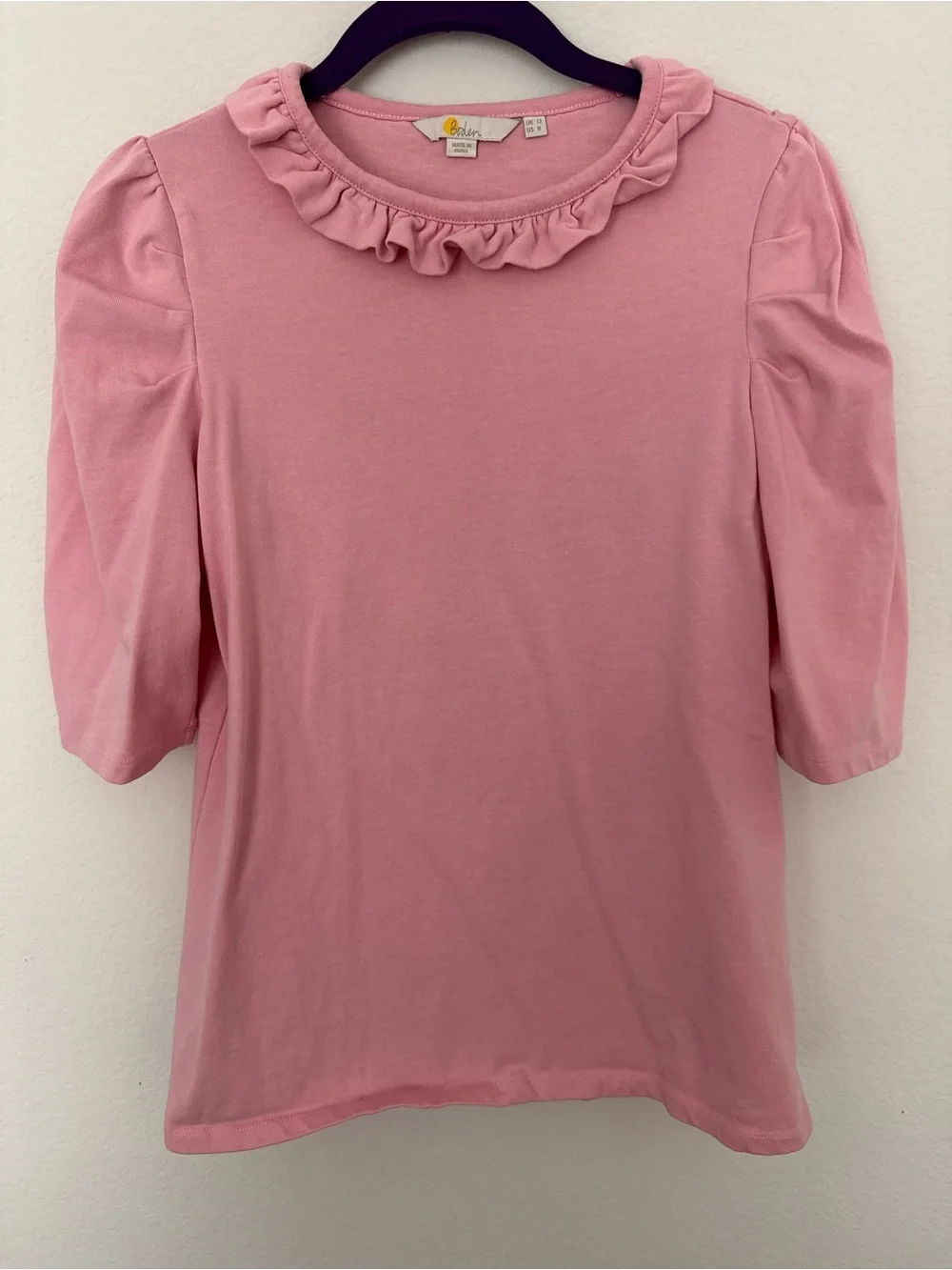 Boden Pink Ruffle Neck Puff Sleeve Top